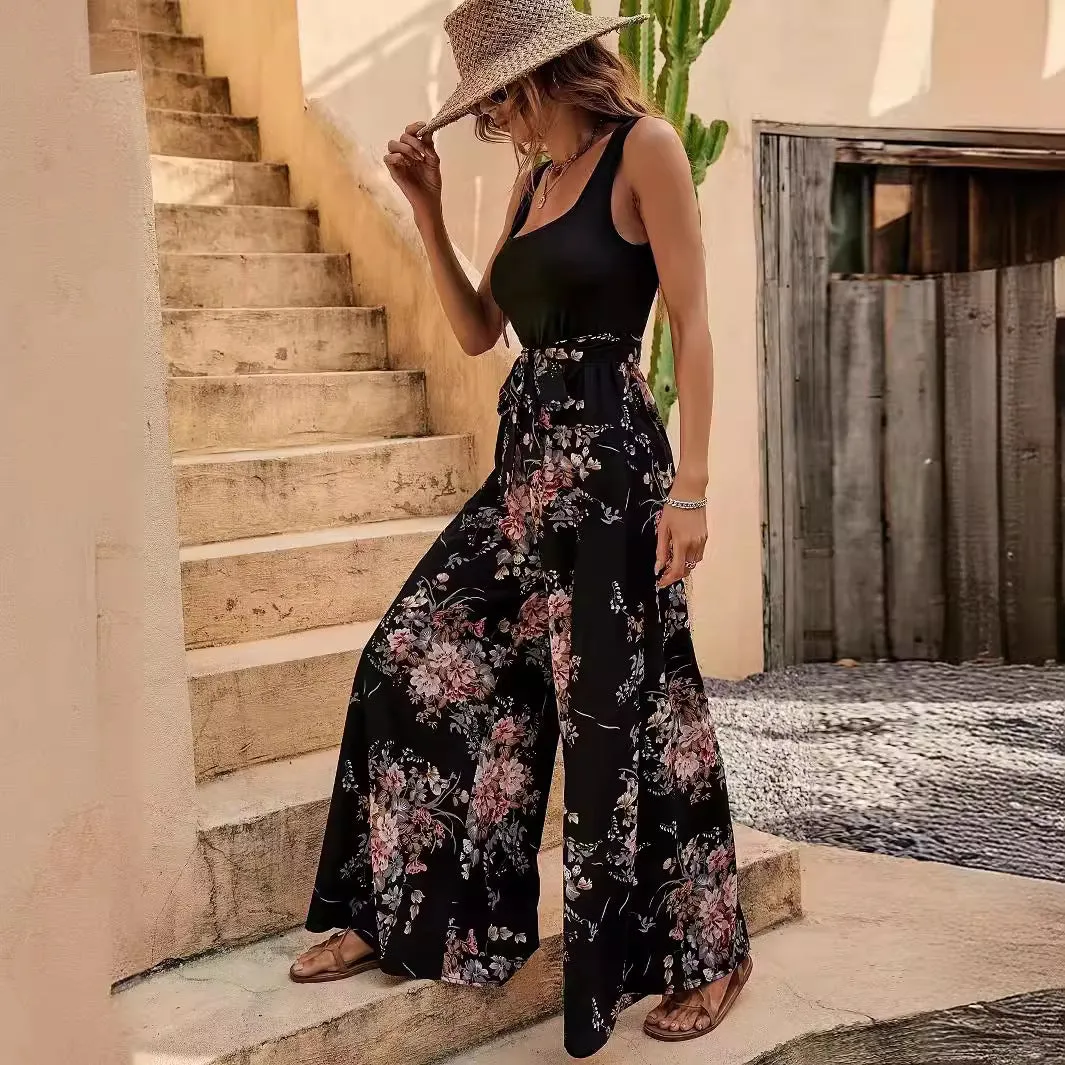 Womens Jumpsuit  Floral Print  Sleeveless  Wide Leg  Relaxed Fit  Defined Waist