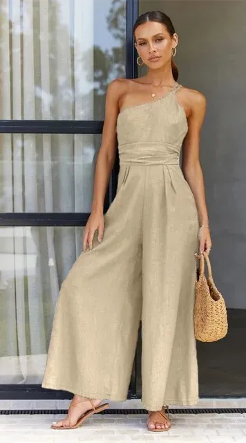 Women's Jumpsuit - One-Shoulder Elegant Fit - Wide-Leg Stylish Design
