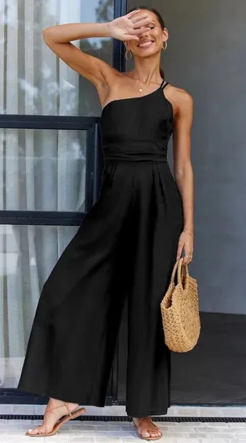 Women's Jumpsuit - One-Shoulder Elegant Fit - Wide-Leg Stylish Design