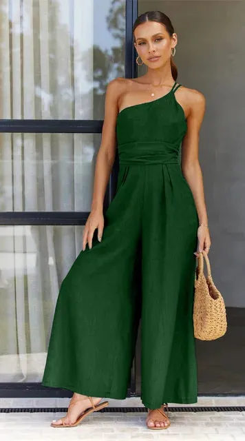 Women's Jumpsuit - One-Shoulder Elegant Fit - Wide-Leg Stylish Design