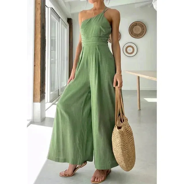 Women's Jumpsuit - One-Shoulder Elegant Fit - Wide-Leg Stylish Design