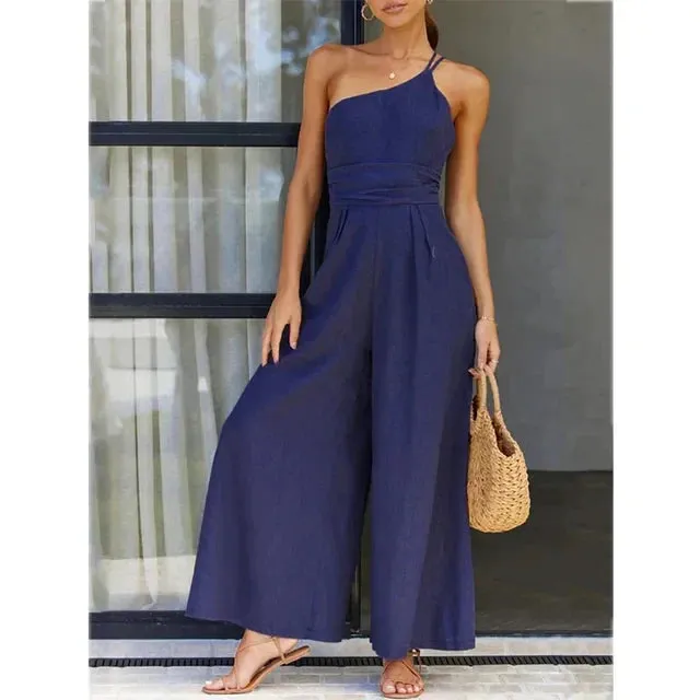 Women's Jumpsuit - One-Shoulder Elegant Fit - Wide-Leg Stylish Design