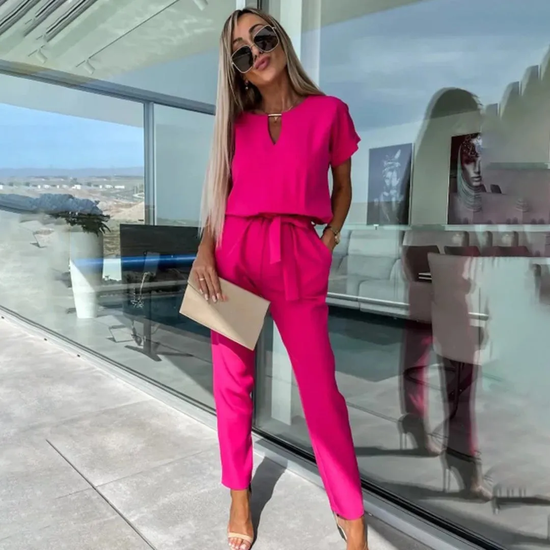 Women's Jumpsuit - V-Neck Keyhole - Short Sleeve - Cinched Waist - Straight-Leg Fit
