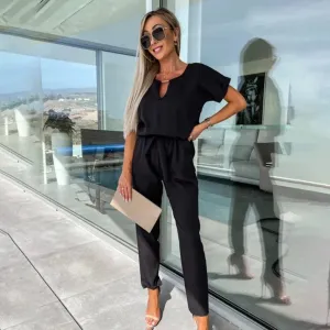 Women's Jumpsuit - V-Neck Keyhole - Short Sleeve - Cinched Waist - Straight-Leg Fit
