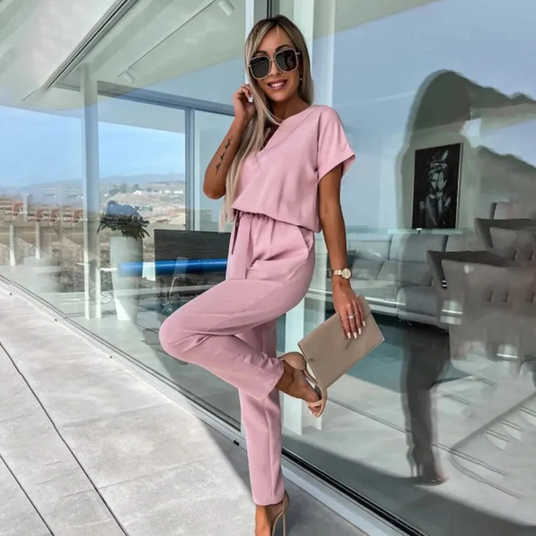 Women's Jumpsuit - V-Neck Keyhole - Short Sleeve - Cinched Waist - Straight-Leg Fit