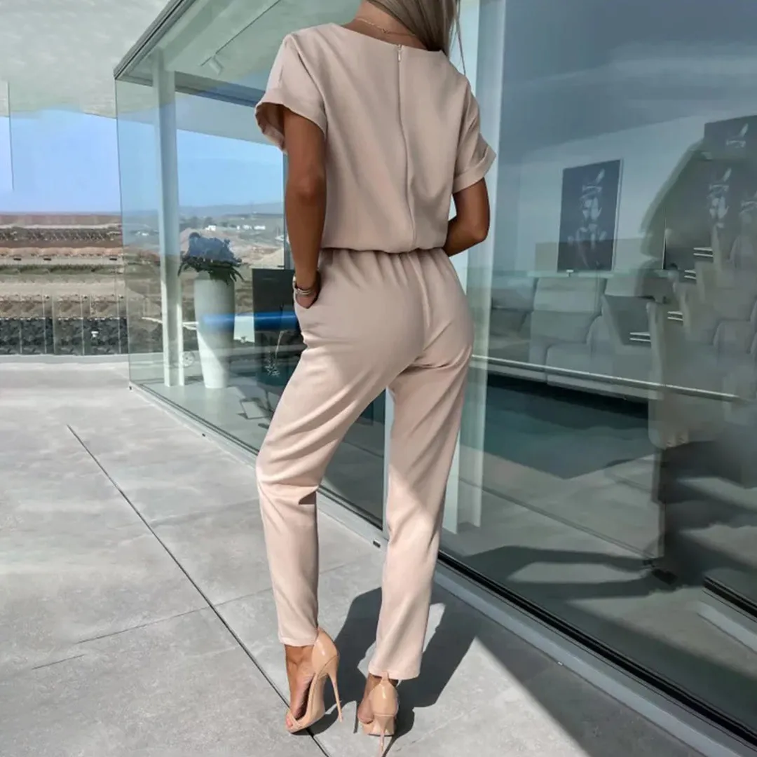 Women's Jumpsuit - V-Neck Keyhole - Short Sleeve - Cinched Waist - Straight-Leg Fit
