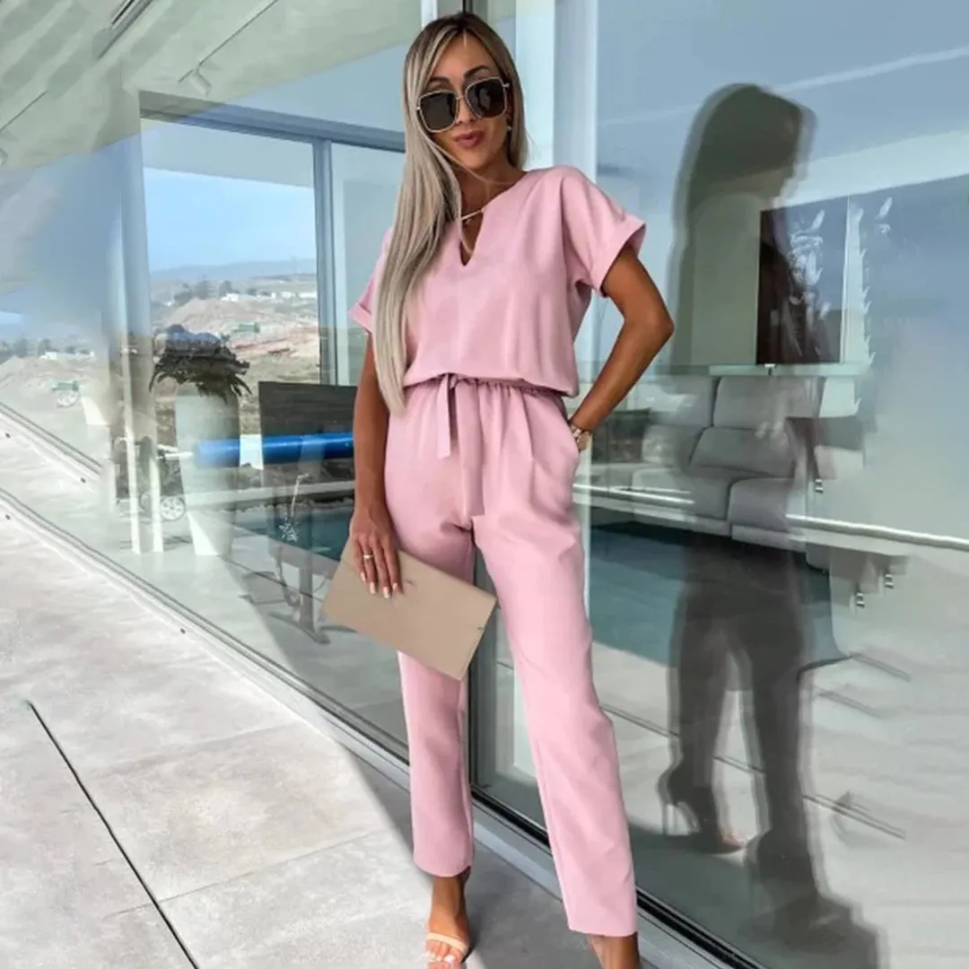 Women's Jumpsuit - V-Neck Keyhole - Short Sleeve - Cinched Waist - Straight-Leg Fit