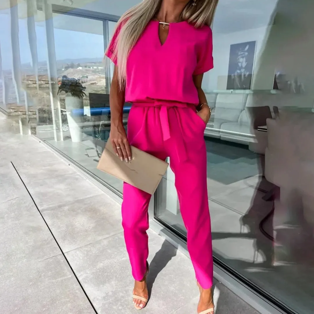 Women's Jumpsuit - V-Neck Keyhole - Short Sleeve - Cinched Waist - Straight-Leg Fit