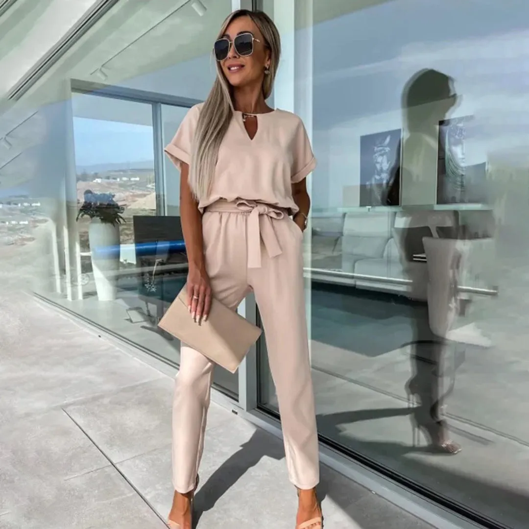 Women's Jumpsuit - V-Neck Keyhole - Short Sleeve - Cinched Waist - Straight-Leg Fit