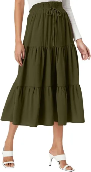 Womens Summer Maxi Skirt Flowy Elastic High Waist Pleated A-Line Skirts Boho Tiered Beach Long Skirts 2025 Trendy