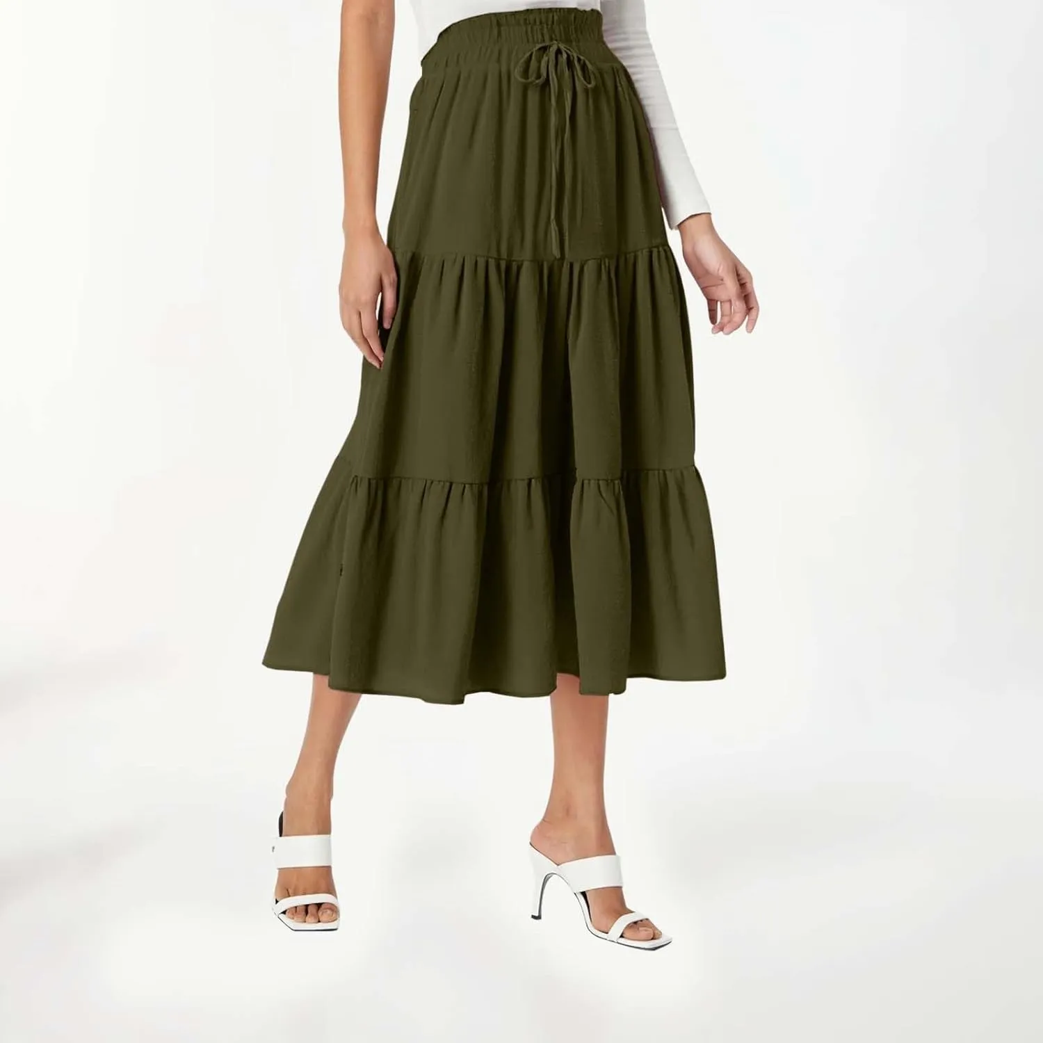 Womens Summer Maxi Skirt Flowy Elastic High Waist Pleated A-Line Skirts Boho Tiered Beach Long Skirts 2025 Trendy