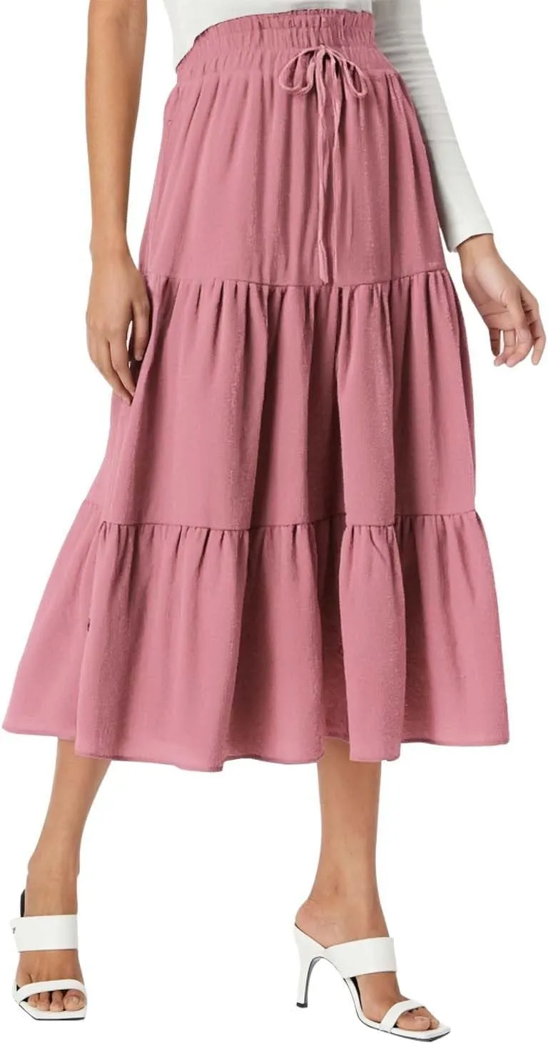 Womens Summer Maxi Skirt Flowy Elastic High Waist Pleated A-Line Skirts Boho Tiered Beach Long Skirts 2025 Trendy